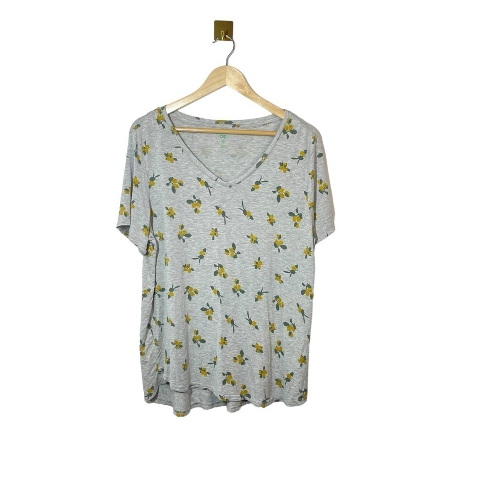 Dip Womens XL Lemon Print V Neck Tee Gray Yellow Soft Rayon Casual Top